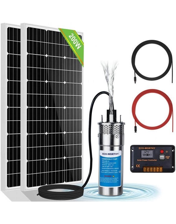 ECO-WORTHY 3.2GPM Solar Well Pump Kit for Watering- 1pc Submersible 12V Solar Water Pump + 2pcs 100W Mono Solar Panel + 20A Charge Controller for well, off-grid living, Irrigation