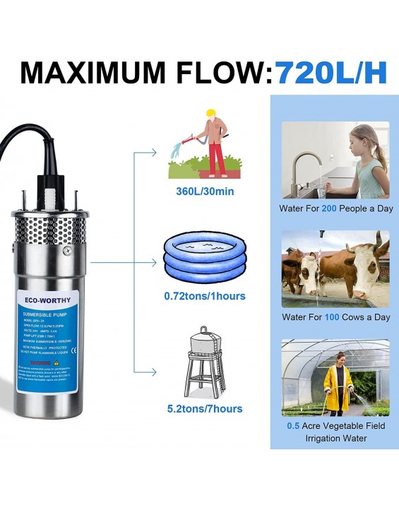 ECO-WORTHY 3.2GPM Solar Well Pump Kit for Watering- 1pc Submersible 12V Solar Water Pump + 2pcs 100W Mono Solar Panel + 20A Charge Controller for well, off-grid living, Irrigation