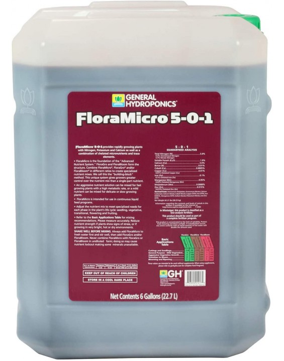 General Hydroponics FloraMicro 5-0-1, Use with FloraBloom & FloraGro for A Tailor-Made Nutrient Mix Ideal for Hydroponics, 6-Gallon