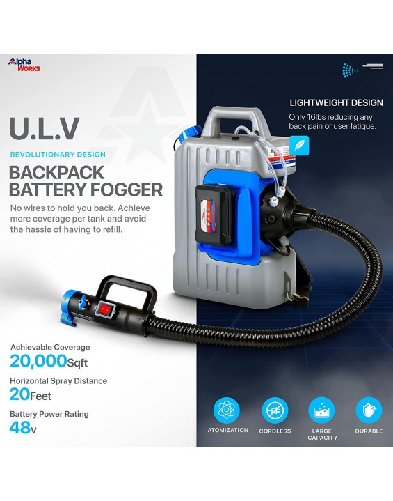 AlphaWorks Fogger Machine Disinfectant Hydroponics ULV Sprayer 48V DC Lithium Ion Cordless Backpack Mist Duster Blower 2.6GAL 1-10GPH Adjustable Particle Size 0-50um/Mm