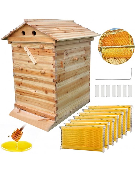 Beehive Kit, Auto Flow Beehive, Beehive Boxes with 7 PCS Auto Beehive Frame, Wooden Beekeeping House,Food Grade BPA Free