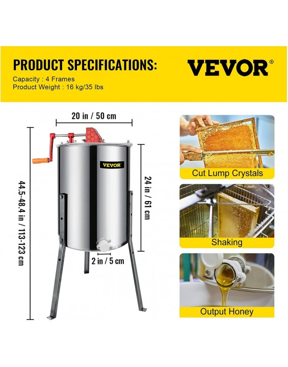 Happybuy Manual Honey Extractor Separator 4 Frame Stainless Steel Honeycomb Drum Spinner Crank Beekeeping Equipment Apiary Centrifuge Equipment