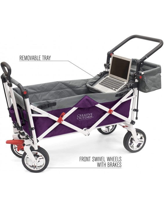 Creative Outdoor Push Pull Collapsible Folding Wagon Cart | Silver Series | Beach Park Garden & Tailgate | Purple
