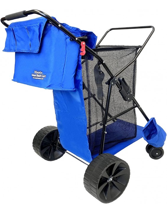 EasyGo Product Beach Cart Deluxe – Heavy Duty Folding Cart Beach Wagon Design – Large Sand Wheels – Holds 4 Beach Chairs – Storage Pouch-Beach Umbrella Holder–Removable Beach Bag - Solid Blue