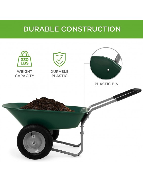 Choice Products Dual-Wheel Home Utility Yard Wheelbarrow Garden Cart w/Built-in Stand for Lawn, Gardening, Grass, Soil, Bricks, and Construction, Green