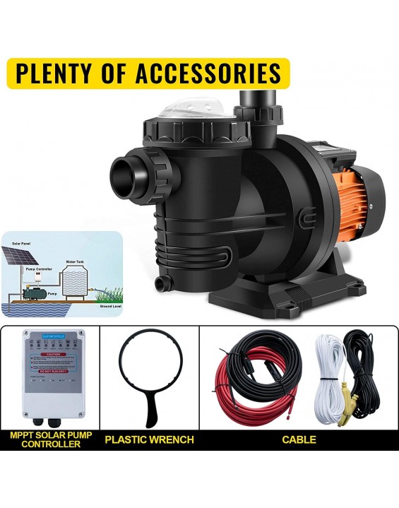 Happybuy pool pump in ground 72VDC swimming pool pump 92GPM Solar Water Pump with MPPT Controller In Ground Swimming Pool Pump with Strainer Basket Brushless Motor Suitable for Salt Water Water Park