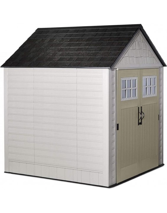 Rubbermaid 7×7 Ft Durable Weather Resistant Resin Outdoor Garden Storage Shed with Windows and Utility Hooks, Sand