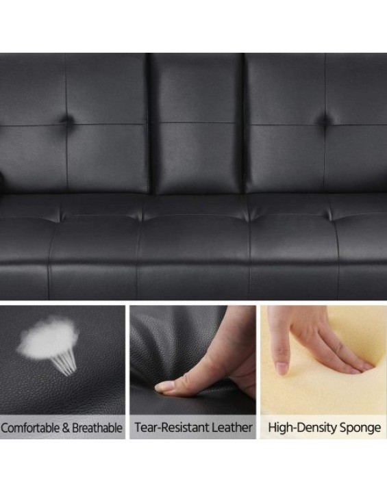 Black Futon Sofa Bed Tufted Faux Leather