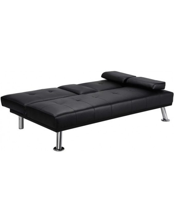Black Futon Sofa Bed Tufted Faux Leather